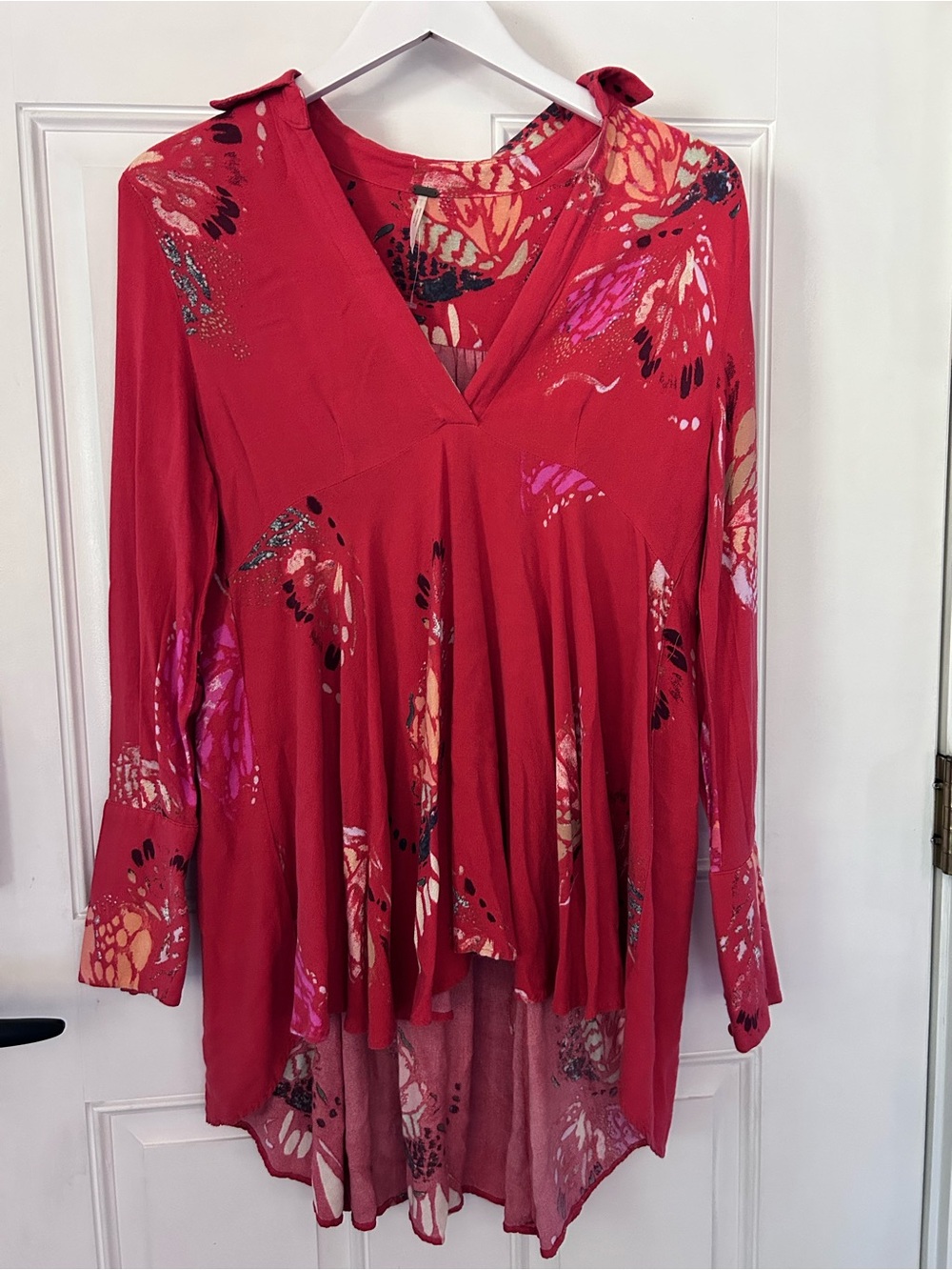 Free People Red Floral V-Neck High-Low Tunic Dress